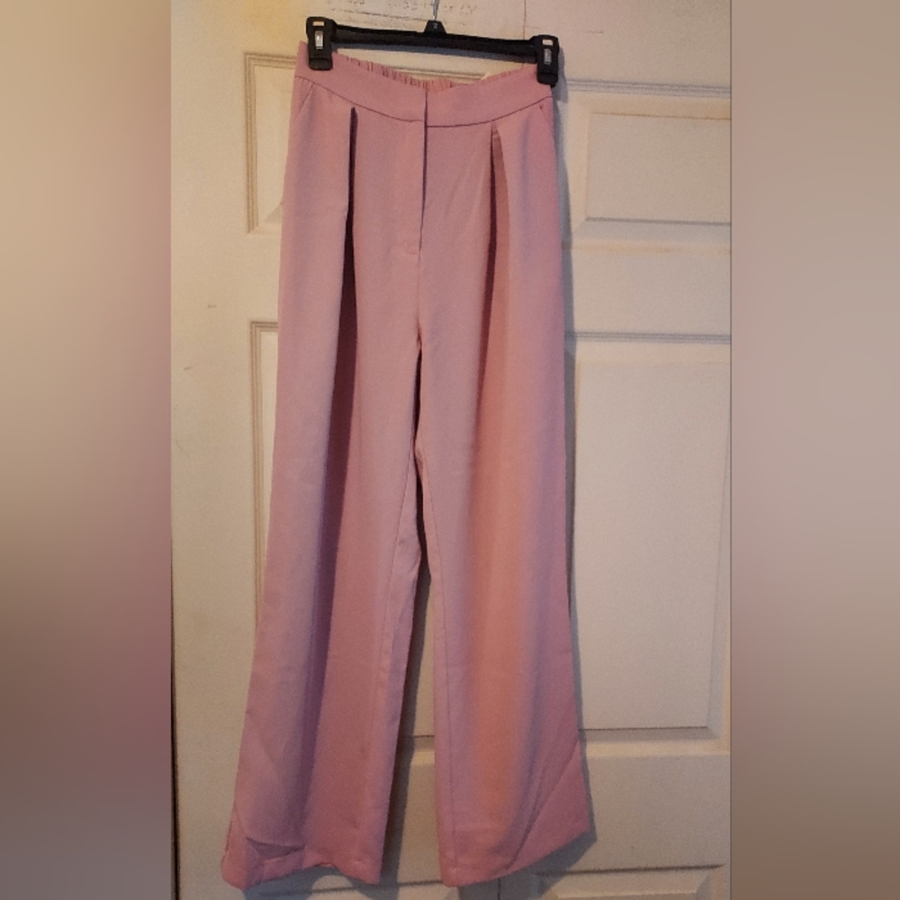 Funyyzo Womens Wide Leg Size 2 Pink Pants High Waist Elastic Back Business Work